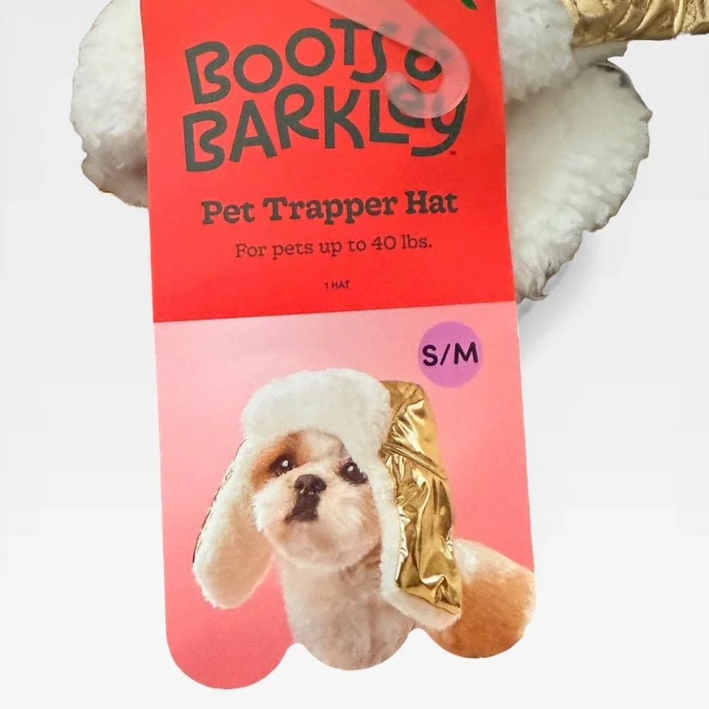 Boots & Barkley Gold Metallic Pet Trapper Hat Faux Fur Lining S/M Up to 40 lbs‎